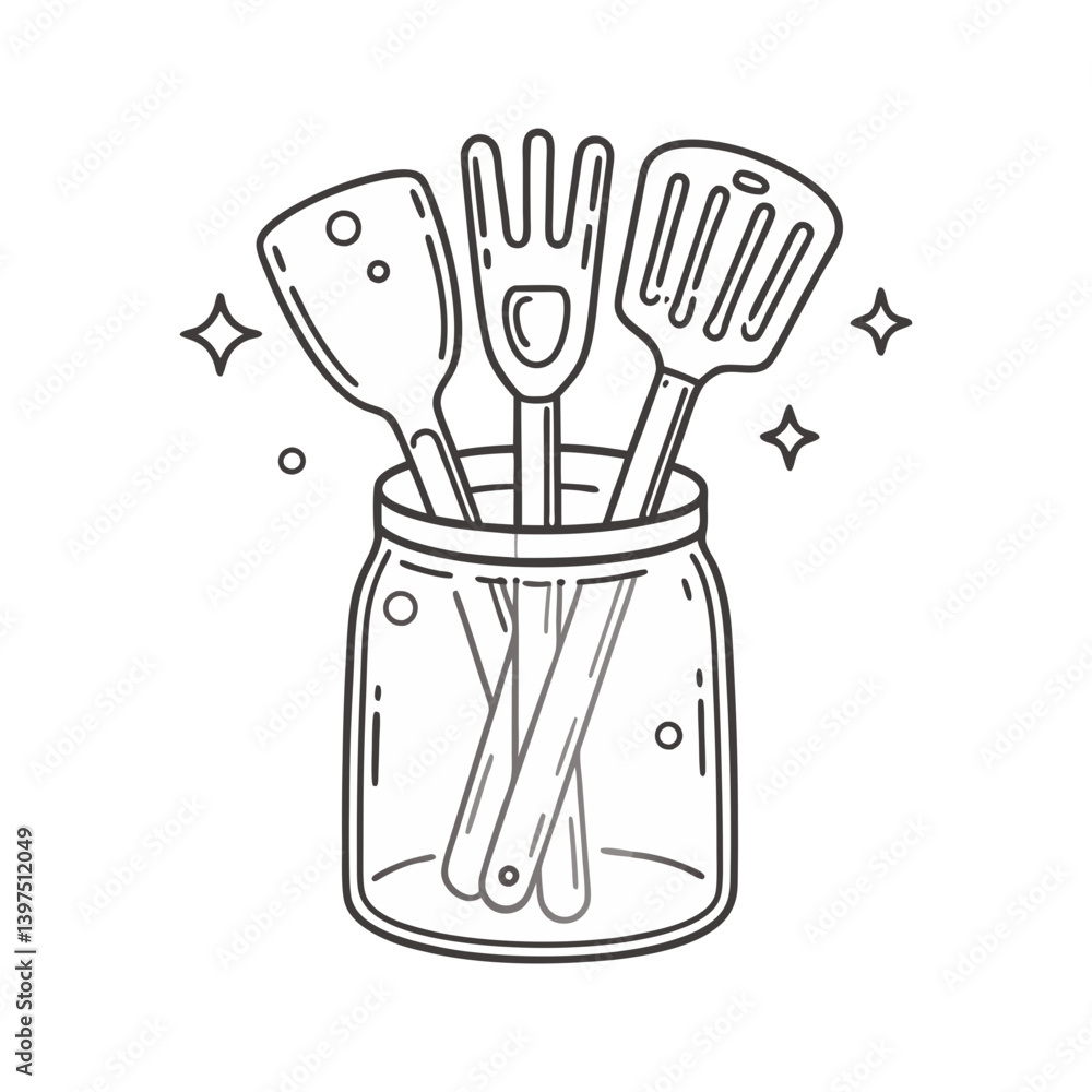 Poster kitchen utensils vector in a jar with spatulas and sparkles, drawn in a clean and minimal line art s
