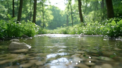 Tranquil forest stream with sunlight filtering through trees, creating a serene and peaceful nature scene.