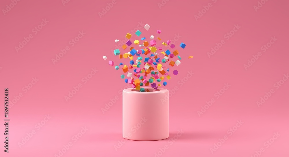Poster colorful shapes exploding from pink cylinder - abstract of vibrant multicolored shapes erupting from