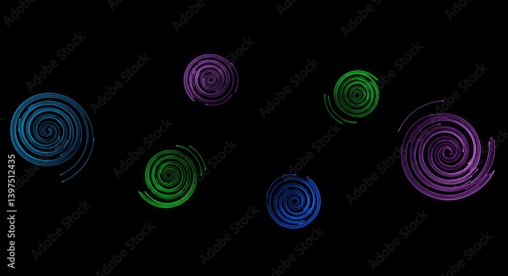 Poster colorful spiral abstract background - six vibrant spirals swirl across a black background, creating 