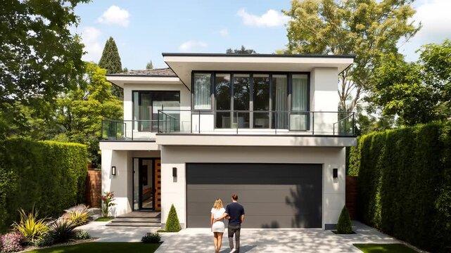 Contemporary Luxury Home Exterior with Young Couple Admiring Modern Residential Architecture
