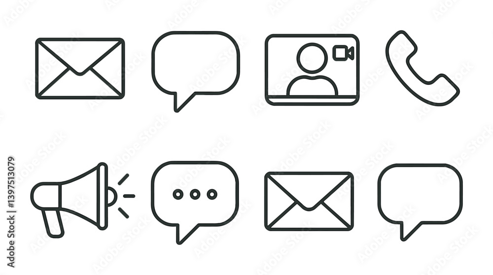 Poster simple linear icons set: communication tools and messages collection
