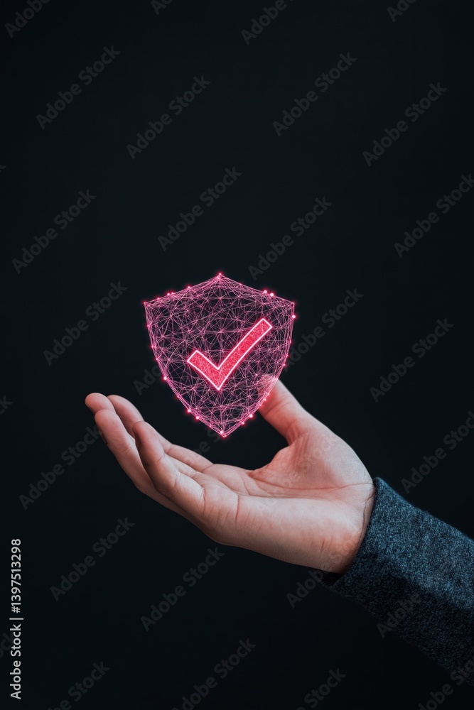 Poster a person is holding a glowing red shield with a check mark on it. the shield is made of a shiny mate