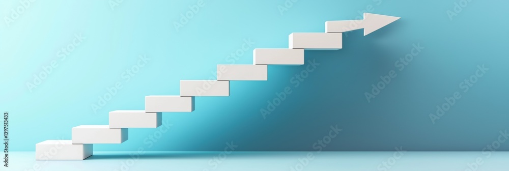 Poster a white staircase with a white arrow pointing upwards. the staircase is made of white blocks and is 