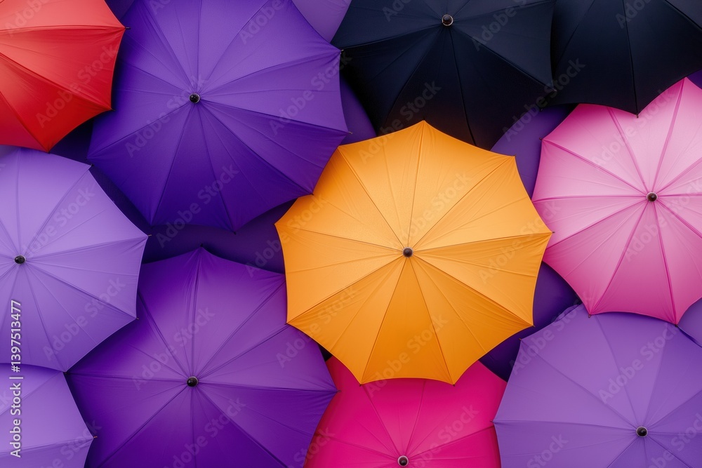 Poster a row of colorful umbrellas with one orange umbrella in the middle. the umbrellas are arranged in a 