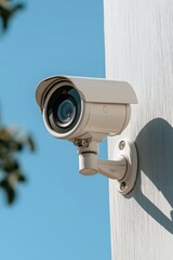 A white security camera is mounted on a wall. The camera is facing the sky and is positioned at a height of about 3 feet