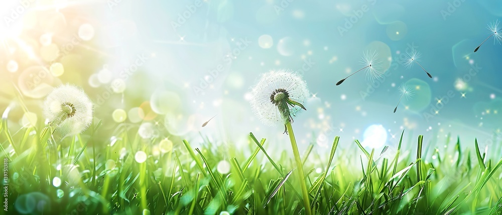 Poster dandelion seeds blowing in the wind on green grass with copy space for a spring or summer