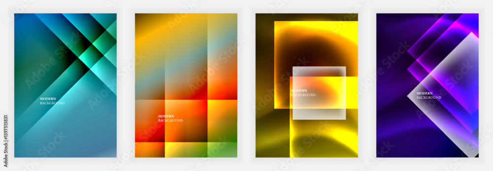 Aufkleber Four vibrant abstract backgrounds. Geometric shapes overlap, creating gradients. Colors include blues, oranges, yellows, purples. Modern design elements present.