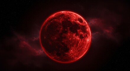 Naklejka premium Crimson Moon in the Cosmic Night - A illustration of a red moon in space, symbolizing mystery, power, passion, the unknown, and celestial beauty