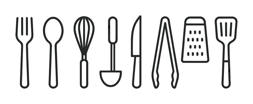 Essential kitchen tools icon set: linear style for culinary design needs