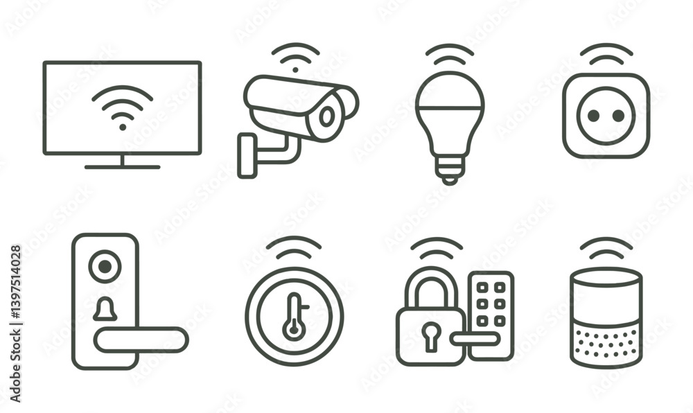 Poster smart home devices icon set: linear style for modern connectivity and security