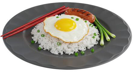 Isolated Rice with Fried Egg and Sausage
