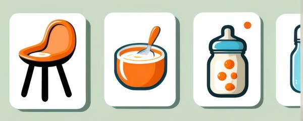 Pixel Art Icons Orange Chair, Food Bowl, Baby Bottle