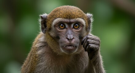 Obraz premium Curious Macaque Monkey Portrait - Close-up portrait of a macaque monkey with a curious expression, hand near its face, set against a blurred green background