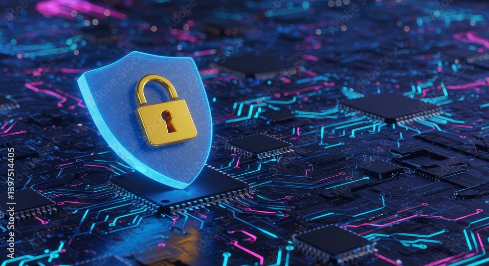 Poster cyber security shield - a glowing blue shield with a gold padlock rests on a circuit board, symboliz