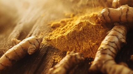 Golden Turmeric: Root and Powder on Rustic Wood