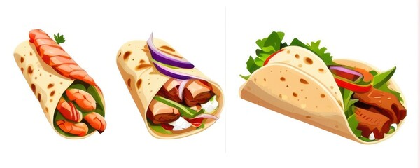 Three Savory Wraps with Grilled Meats and Vegetables