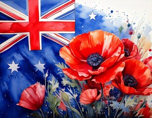 Anzac Day art. Watercolor Australia flag with poppy flowers. Symbol of remembrance, honor, AI