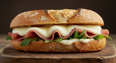 Delicious Melted Cheese Mortadella Sandwich - A mouthwatering mortadella sandwich with melted cheese, fresh arugula, and crusty bread. Symbolizing deliciousness, comfort food, Italian cuisine
