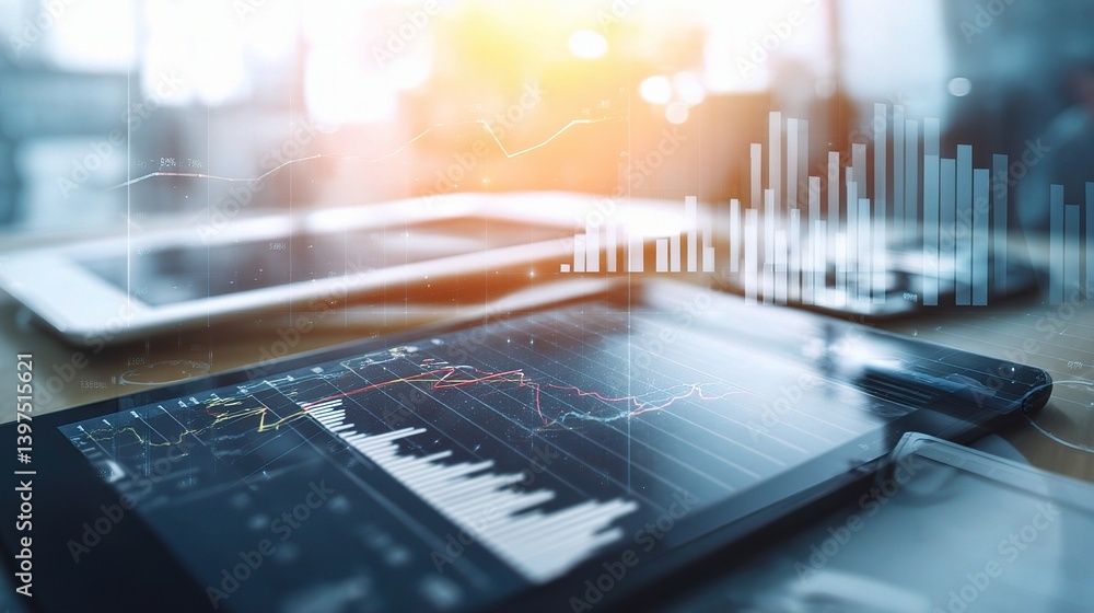 Poster double exposure of financial graphs with digital devices in view