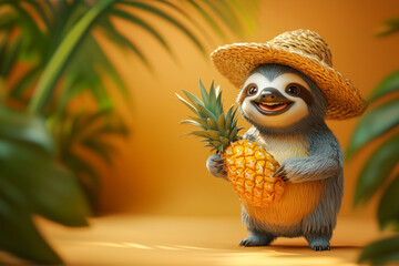 3D cartoon sloth in straw hat holding pineapple in tropical jungle. Concept of family vacation, exotic resort lifestyle, and fun island travel for all ages