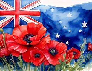 Anzac Day art. Watercolor Australia flag with poppy flowers. Symbol of remembrance, honor, AI