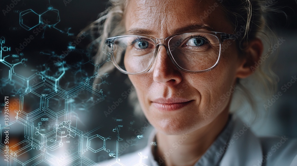 Aufkleber portrait of scientist in research lab with data overlay effects