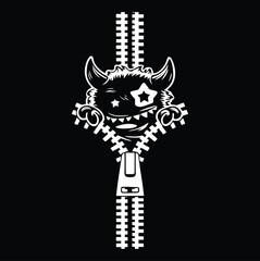 ai174409288813_5Creative black and white vector illustration of a funny cartoon monster peeking through an open zipper. The design features a quirky creature with horns, a stitched mouth, and a st.eps