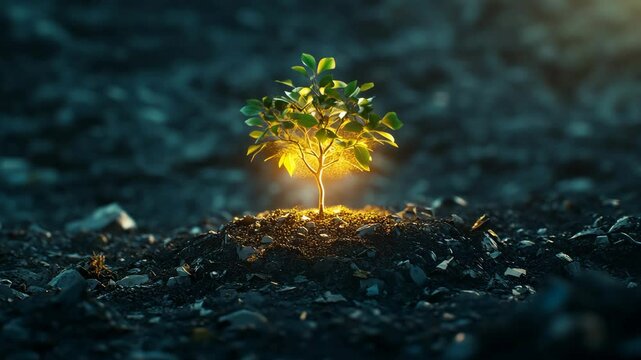 A tiny glowing tree growing from the center of a lawn