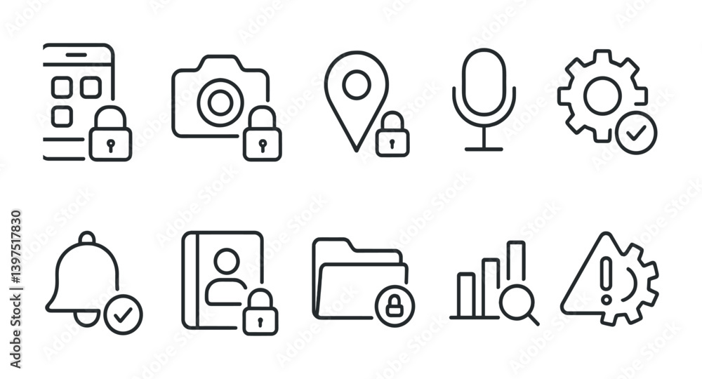 Poster linear security and privacy icons set for digital applications