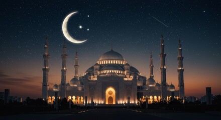 Eid Mubarak Mosque Night Sky Wallpaper - Crescent moon, stars, mosque, night, Eid celebration; symbolizing faith, peace, community, spirituality, and celebration