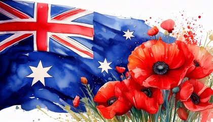 Anzac Day art. Watercolor Australia flag with poppy flowers. Symbol of remembrance, honor, AI