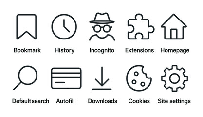 Essential web browser icons set: bookmark, history, incognito, and more