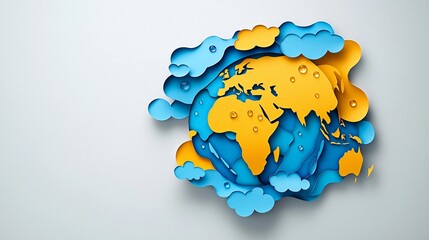 Paper art globe, clouds, water droplets; environmental awareness campaign