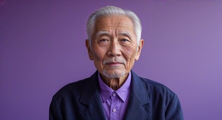 Obraz premium Caucasian elderly man on purple plain bright background modern chic fashion pose model portrait portrait banner with copy space ad concept marketing