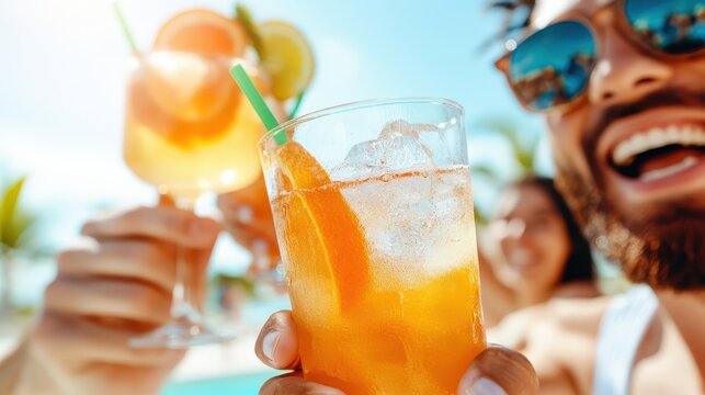 Summer cocktails by the pool with friends celebrating a sunny afternoon