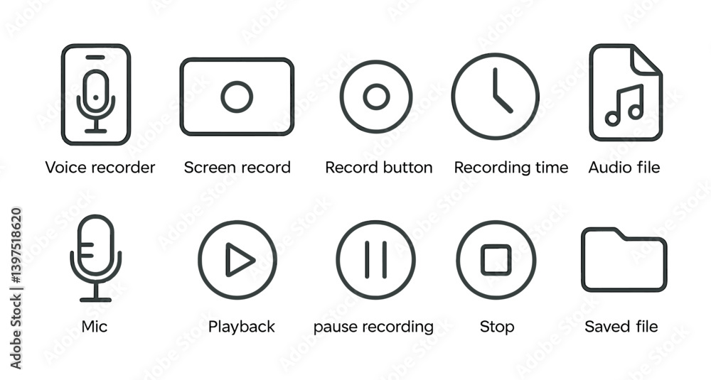Aufkleber essential audio recording and playback linear icon set for digital devices