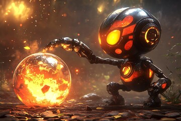 A metallic robot tenderly touching a burning sphere of fiery energy