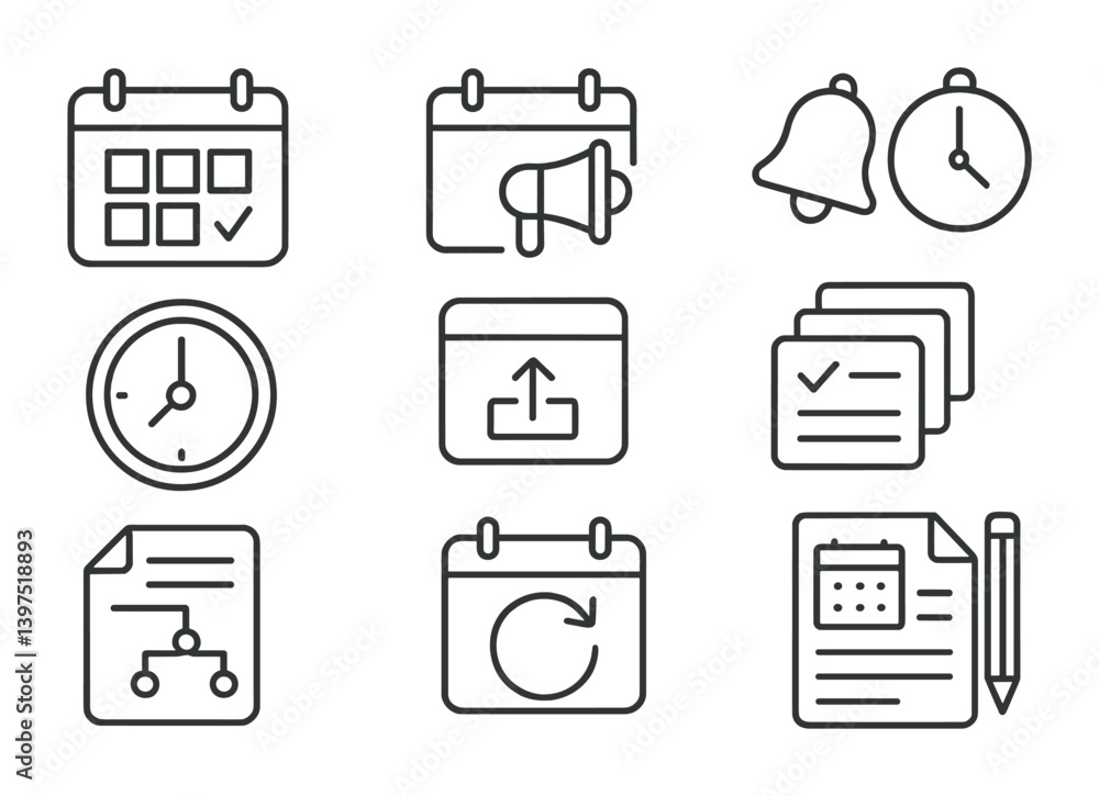 Poster elegant linear icons set for planning and time management
