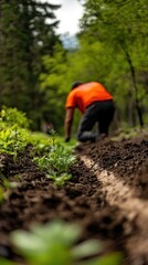 Fototapeta premium A person working in the dirt within a natural environment