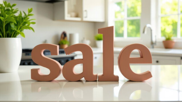 Decorative letters spelling sale rest on a sleek kitchen countertop surrounded by greenery and sunlight streaming through large windows evoking a warm homey ambiance.