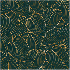 Botanical leaf wallpaper vector. Natural hand drawn foliage pattern in minimalist linear outline style. Design for fabric, print, cover, banner, invitation. 