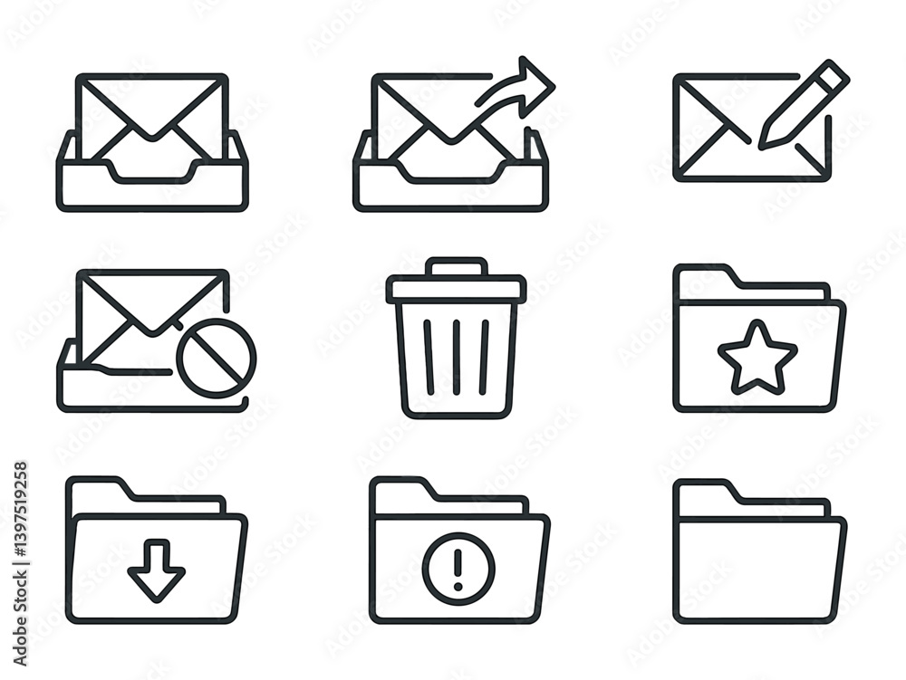 Poster essential email and folder management icon set: linear style for organization