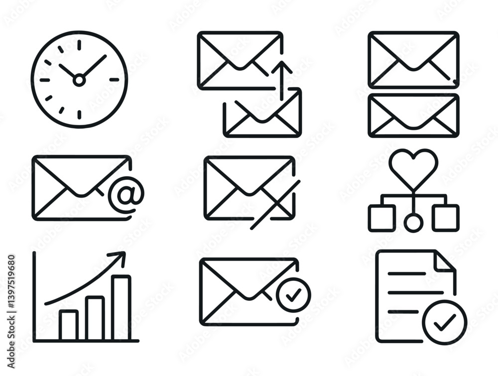 Poster email and communication icon set: linear style for digital platforms and applications