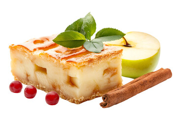 Delectable apple pie slice garnished with fresh leaves,berries and cinnamon
