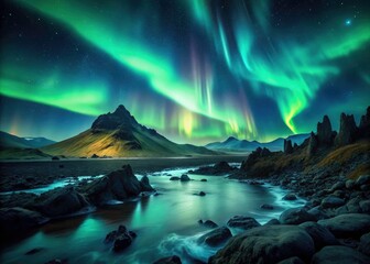 Naklejka premium Iceland Night Photography: Rugged Landscapes, Aurora Borealis, Starry Sky, Volcanic Mountains, Dramatic Scenery, Midnight Sun, Icelandic Nature