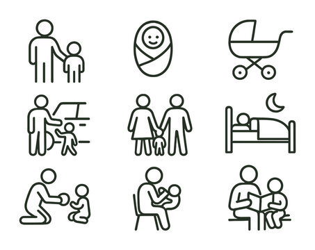 Family and parenting icons set featuring daily activities in linear style