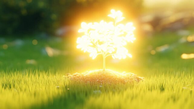 A tiny glowing tree growing from the center of a lawn