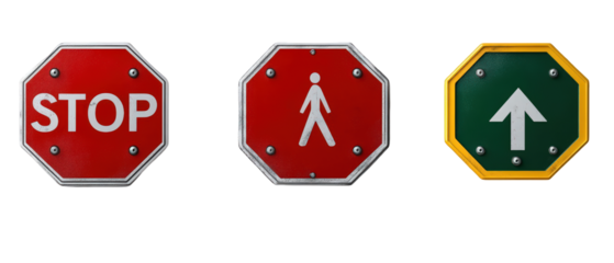 Collection of traffic signs including stop, pedestrian, and directional indicators in urban setting