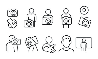 Photography icons set: minimalist linear design with cameras and photographers